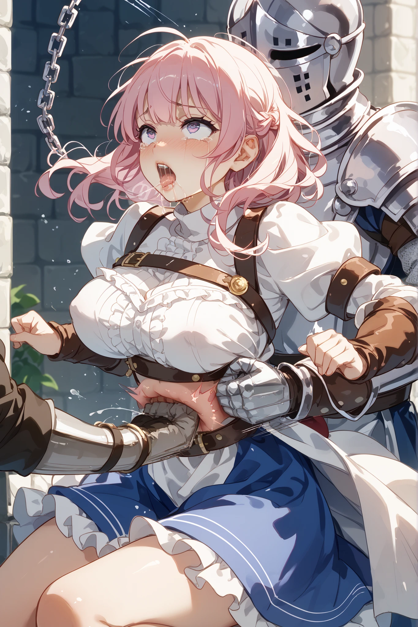 1 girl standing( medieval knight 、Adventurer)、I can chain my arms、big breasts、wear clothes、orgasm、belly punching、pee、tears、in Kura、ohogao、saliva、前かがみ