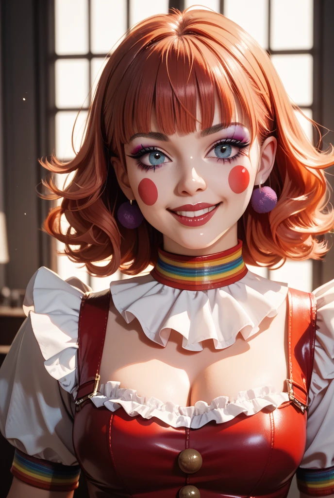 Girl, solo, clown outfit, clown makeup, black clown hair, wide smile, creepy,  eerie background 