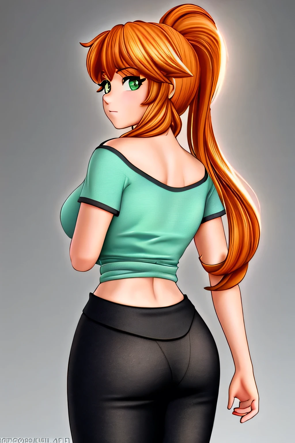 close up 1girl in, photo of Alex, Alex Minecraft, Anime style, Solo, (messy Golden copper blonde hair, short ponytail over left shoulder, thick Ginger hair, (green eyes: 1.2), (perfect clear skin, pale skin, detailed skin, large breasts, round breasts, perfect body, skinny, thin waist: 1.25), (Masterpiece), (shot from behind, rear view, back, up skirt, focus on ass:1.2), she wears A baggy Rock band t-shirt, black Rock concert t-shirt, pink plaid pajama pants, comfy pajama pants), in a bedroom, Minecraft world, (realistic photo, best quality, detailed), (8k wallpaper), (cinematic lighting, beautiful light, (noon:1.3)) (sharp focus, intricate), (dslr, realistic, looking at viewer, sharp focus, delicate, soft colors, cinematic)