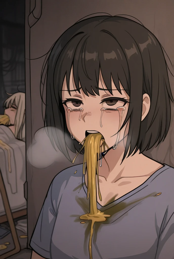nsfw,,fellatio,sucking a penis,smooth anime,kneeling on floor,crowd,mature modest woman,solo, (black hair),short wavy hair,bukkake,excessive cum,cum dripping,(bukkake on face),patterned skirt,brown blouse,sideshot,at public bathroom,tiled wall,kneeling,plump body,look up,crying,trembling,