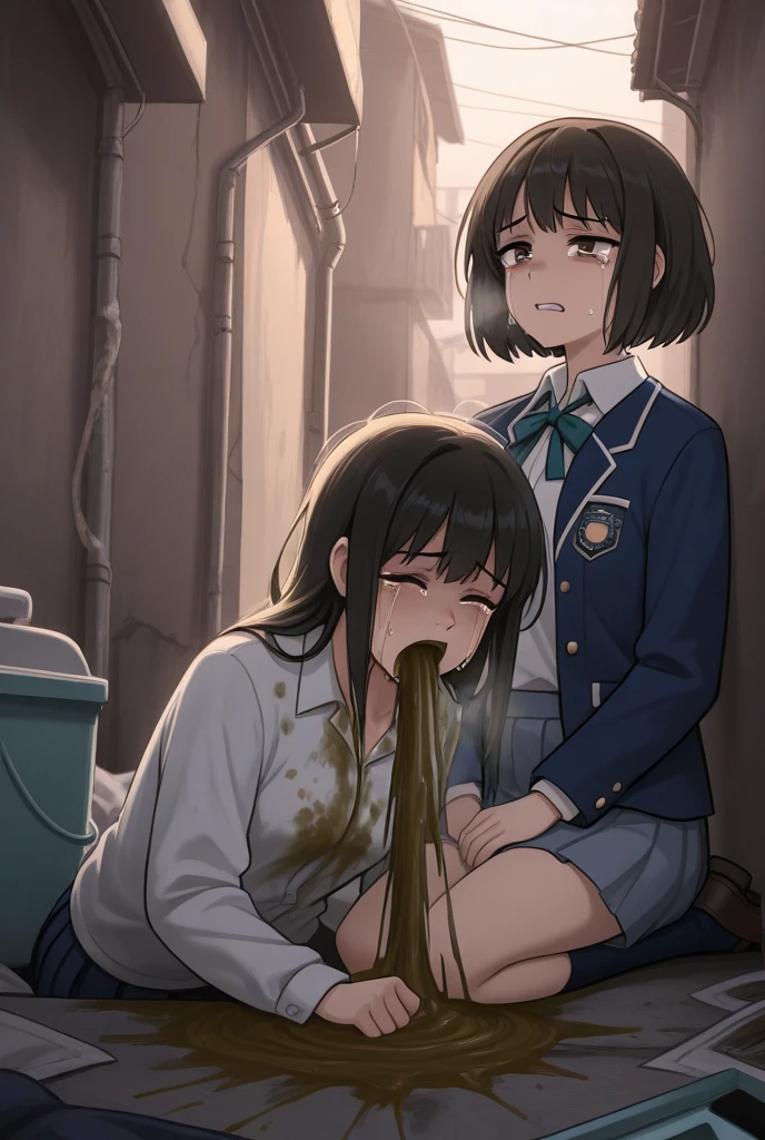 Gabi Braun, (Atack of Titan), con, naked, swarthy, small breasts, calling for help, open mouth, cum on her head, cum on her tits, cum in her mouth, legs spread, wet, crying, screaming, front, tied hands, Hands behind back, missionary position, squatting, white socks, pain, white room, riding mega big dildo