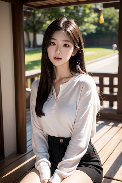 1girl ,Sitting on chair,cross one's legs,Chinese beauty,A day-haired,length hair, blurred background