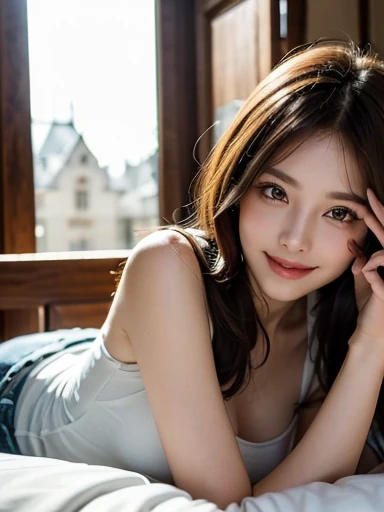 ((knee shot)), Shot from a random perspective, 22-year-old Asian model, slim, Slimming the waist, curlies, White floral dress, high-waist, cropped shoulders, warm lights, Warm tones Slender legs, Cross ed leg, inside in room, Lie down in bed, blonde hair, streaked hair, hair ornament, heart-shaped pupils, makeup, light smile, shy, licking lips, Romanticism, Social realism, chiaroscuro, motion blur, anaglyph, Sony FE GM, UHD, masterpiece, textured skin, super detail, best quality