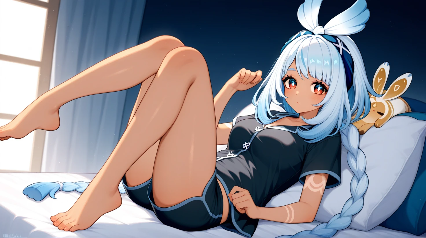 (Masterpiece, best quality: 1.3), hyper-detail, ((very tasty and beautiful)), 8k wallpapers, cinematic lighting, overexposure, (1 girl, solo exhibition), long white hair, white pajamas, loli, full body, in the room
