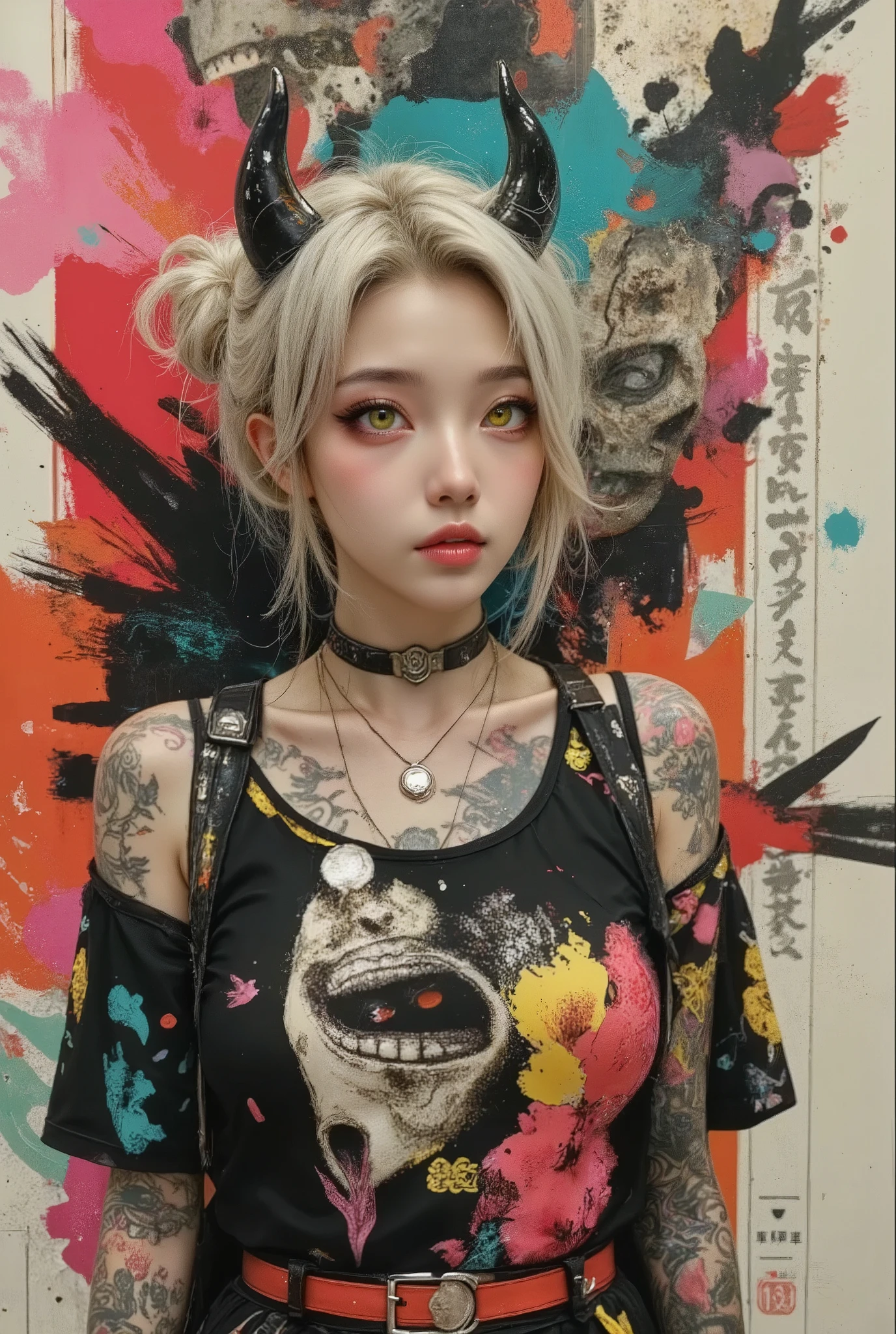 Portrait of a young girl, probably in her early twenties, with a cold and defiant manner.  Asian facial features. Light skin tone, bright yellow eyes and a slightly mischievous grin.  A tense expression, a mixture of rebellion and confidence.  Long, loose platinum-colored hair, arranged in a high bun, with sharp black horns extending from the head. The subject was wearing a bright multi-layered kimono-style top decorated with various graphic elements.  Black, with colorful prints and patches depicting skulls, demon-like creatures and Japanese graphic patterns in bright colors and neon shades (pink, turquoise, yellow, red).  Numerous tattoos, made in dark, clear lines, cover her arms and upper chest.  A necklace with metal inserts.  Piercing is visible on the face.  She stands in the ¾ position, slightly leaning forward, her arms slightly bent and relaxed pressed against her body.  Digital Collage Style; A dynamic composition using rich colors and bold lines, creating a dramatic cyberpunk street style atmosphere.  Complex details and textures.  The setting resembles a poster or graphic design; the background with various abstract patterns and vibrant red, turquoise, and blue colors creates an unsettling urban aesthetic.  Highly stylized, exaggerated features emphasize the rebellious attitude of the character.  The illustrations are made in a bright and thoughtful modern graphic design.  Japanese-style aesthetics with elements of pop culture and alternative themes.  Modern illustrative grunge style, bright contrasting lighting highlights the features of the subject.