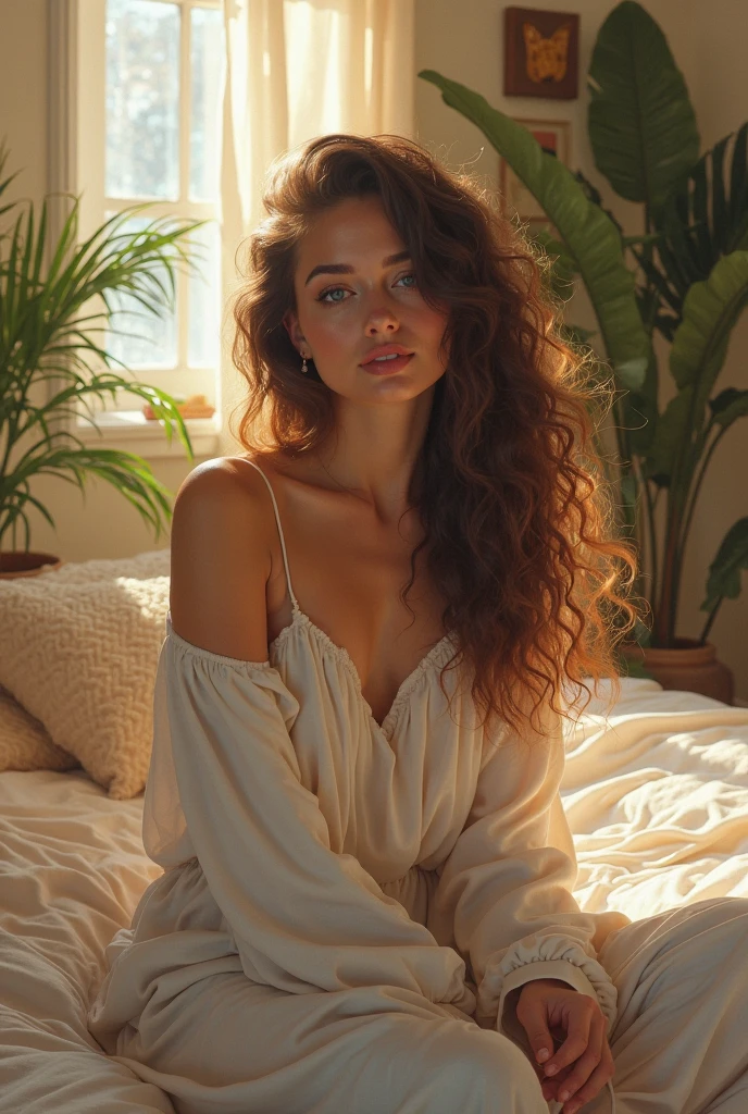 (photorealism:1.2), beautiful woman, sitting on bed, wearing loose off-shoulder top, pajama pants, long curly hair, indoors, soft lighting, plants in background, window with sunlight, cozy room, relaxed pose, realistic, intricate details, warm colors, by Greg Rutkowski, by Alphonse Mucha