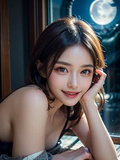 Beautiful woman in kimono，body portrait、8k，thin and beautiful eyes，Dindal effect、masterpiece, 最high quality, high quality, High resolution、very detailed photos、(natural skin texture、fine skin、hyper realism、Super sharpness)、high detail skin、(very detailed、fine skin texture、intricate details、beautiful face、(lifelike face)、realistic eyes、beautiful and detailed eyes、real looking skin、beautiful skin、surreal、very detailed、golden ratio、with smiling eyes、((night moonlight background))、G cup、erotic body、body portrait、sexy knit dress、beautiful feet、Take a full body photo