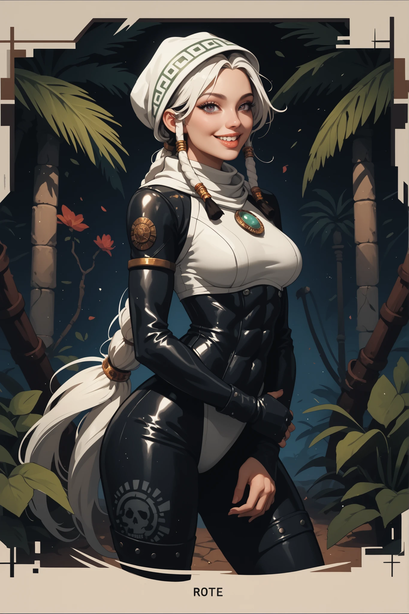 Meisterwerk, hd , great quality, very aesthetic, absurd, high contrast , high color palette , light glare ,neueste,2.5D,volumetric lighting, intense colours, Sweet, jung, 1 girl, asiatisch, Mongol girl, round face, slanted eyes, big eyes, asian girl, rote Augen, Asian eyes, B-Cup, soft abs, rote Augen, beautiful lips, Albino, leather armor, fair-skinned, white and black hair-colour, ATHLETIC BODY, aztekisch, leather clothing, attentive, small smile, looks at the viewer, Dreadlocks, sharp teeth, Hintergrund: jungle and Aztec ruins, looks at the viewer, looks like a young Jennifer Lawrence
