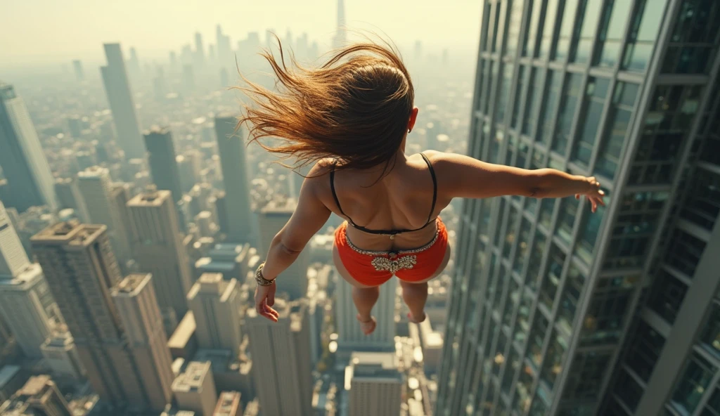 Giant Brazilian woman in free fall from a transparent space building, warm colors, luminescent leds, 