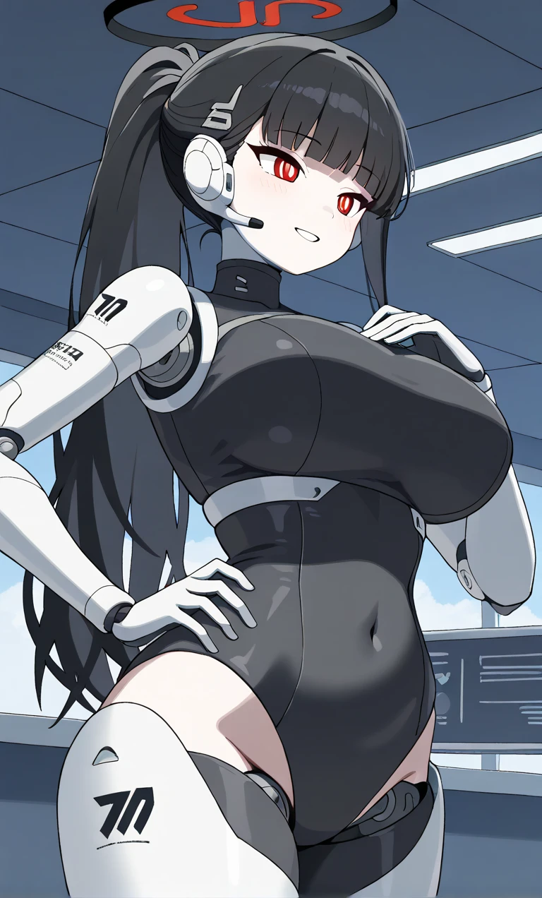 masterpiece, best quality, extremely detailed, Japaese android girl,Plump , control panels,android,Droid,Mechanical Hand, Robot arms and legs, Black hair,Blunt bangs,perfect robot girl,long tube,thick cable connected her neck,android,robot,humanoid,cyborg,japanese cyborg girl ,future laboratory,connecting a cable between the legs,skirt, high socks