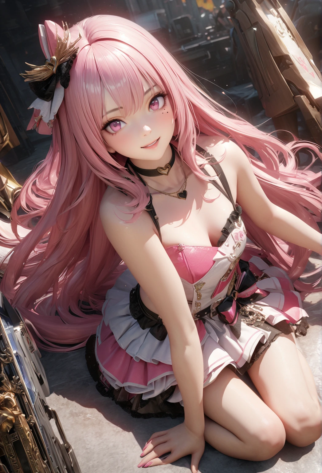 ((highest quality)), ((masterpiece)), (extremely detailed), kukolnydom, doll, mature woman, solo, cowboy shot, dynamic pose, green eyes, (looking at another, blank eyes:1.3), seductive smile, pink hair, long hair, hairband, blunt bang, blue leotard, classroom, 8k