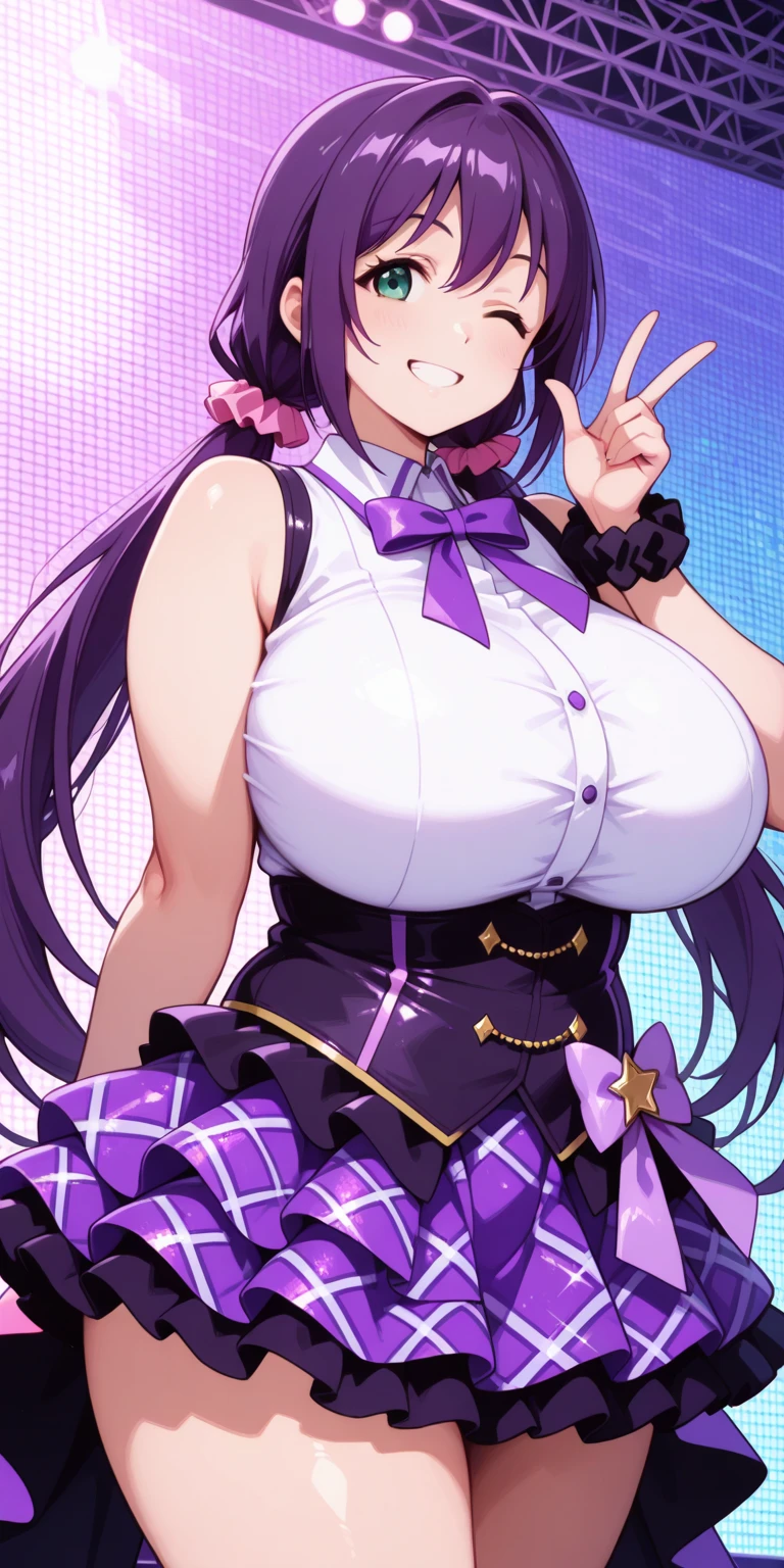 girl, full body, cowboy shot, (Rembrandt), illustration, (masterpiece), (best quality), (ultra_detailed), finely detail, (Depth of field), HshinoAi, idol, gloves, tongue out, tongue, long hair, star \(symbol\), looking at viewer, (purple hair:1.2), purple eyes, upper body, hair ornament, :p, idol, symbol-shaped pupils, hands up,hands in the air, jumping, mini skirt, exposed midriff, underboob, bouncing breasts, collar,blushing,sweating, (breathing hard), (panting), anime, farm, smile, huge ass, huge breasts, huge thighs, narrow waist, wide hips, thick thighs, curvy, bangs, one side up, star-shaped pupils, on stage,