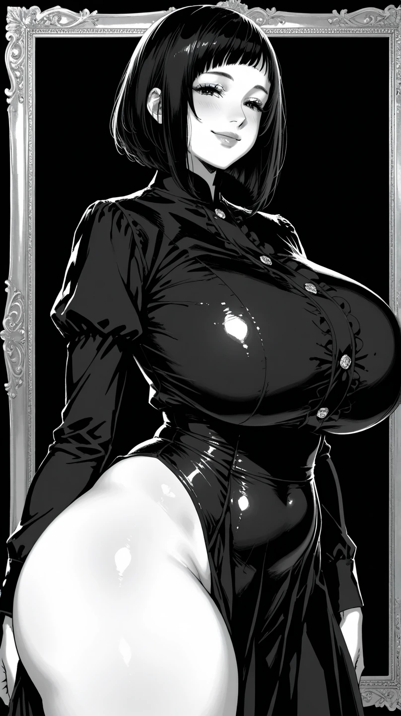 . A beautiful girl. Huge breasts. Slim waist. Big thighs. Soft pink white skin. Short black hair. Lustful face. Wear a black halter top that clings to your body. Revealing . 