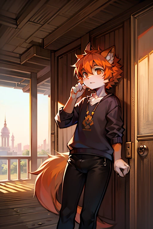 8K, Super detail, ccurate, Best quality,A 16-year-old fox boy sits in his bedroom, There is reddish-orange hair and bright markings. He has a cute drawing style, Intense plush texture, Very delicate fur, animal personification, Fox tail, wearing an outfit, Fox ears, Fox Boy, White, Cute face, Whole body, Looking at the audience
