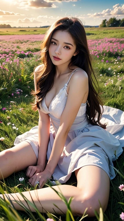 (8K high image quality), (top-quality), (RAW image quality),(masutepiece:1.2), (Realistic), (Photorealistic:1.37), largeeyes,long eyelasher,Exquisite（Live-action realistic style）,The Ultimate Face,Photorealistic light and shadow,Clear facial features,milky skin,Fair skin, highdetailskin,Realistic skin details,Visible Pore,（Super Detail）,Hair length is random, （Flowing hair）,Best portraits,Shot from a short distance, Only one girl, Cute,Beautiful detailed eyes, beautiful detailed nose, highlydetailed skin) ,(Beautiful face with double eyelids), (Realism: 1.4),excellent details, Ultra-high resolution,,,delicate and beautiful face,,25-years old,(Beautiful Face 1.4),A slender, (Wear a floral dress:1.2),((In a park rich in nature)),Longhaire,Lame around the eyes,red lipsticks,((Wear a floral dress)),Very beautiful legs,((Lie directly on the grass)),((I'm taking a nap with my eyes closed)),The color of the panties is white,((Lie down and show off your white panties)),It is a very simple dress,((The panties are in full view.)),((Close your eyes and get a good night's sleep))