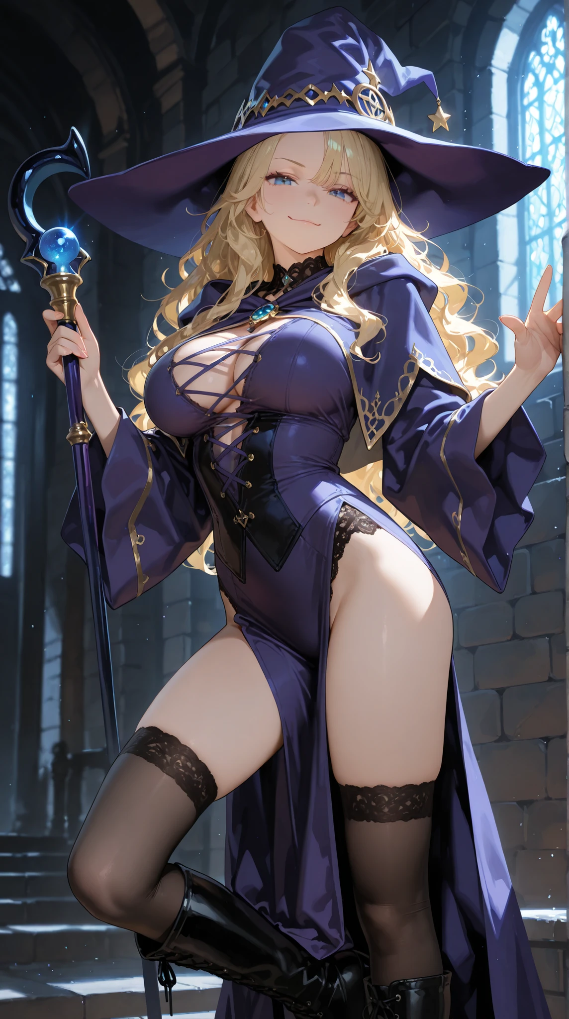 magazine cover, Dark Magician Girl casting a spell, big breasts, glasses