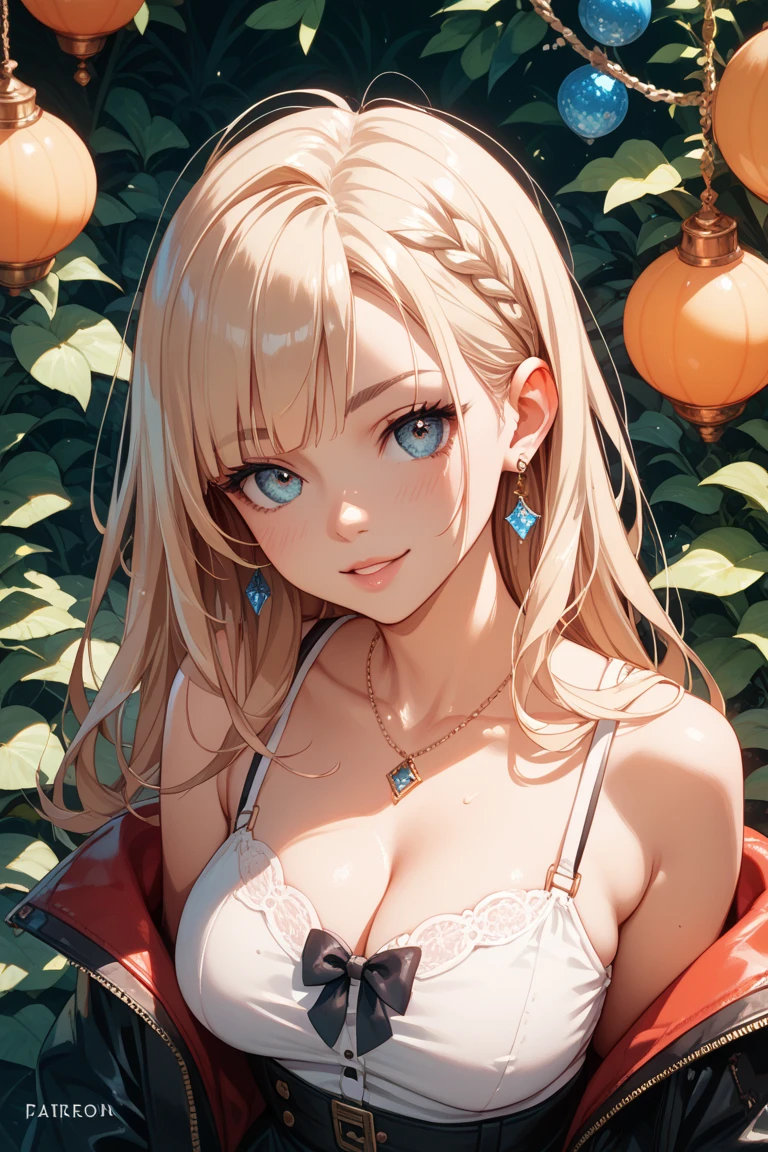 (One frontal photo), upper body, Beautiful face, Highly detailed face and skin texture, Grey eyes, kind smile, (blush), Glitter eyeliner:1.2, Shiny skin, Light skin: 1.2, (20 years old), (Long wavy hair, blonde hair, Parted bangs), large breasts, (red night dress), necklace, (cleavage:0.8), palace indoor