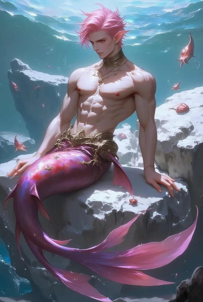 (nonsense, high resolution, Very detailed, HDR), masterpiece, best quality, drawing of a boy, Handsome man with red eyes, Delicate face, Professional photos, Arafat family goes into battle shirtless., Legs open,Lying comfortably on the rocks on the sea floor.， (Swollen nipples(From below:1.1)), Pay attention to your audience,18-year-old boy, Handsome man, [ Chiseled body ]，abdomen，Chest muscles，Big bulge，in the sea，Wrap the rope around your upper body.(Rope tied around body.！Wire！），Increase sexiness，Octopus tentacles，
