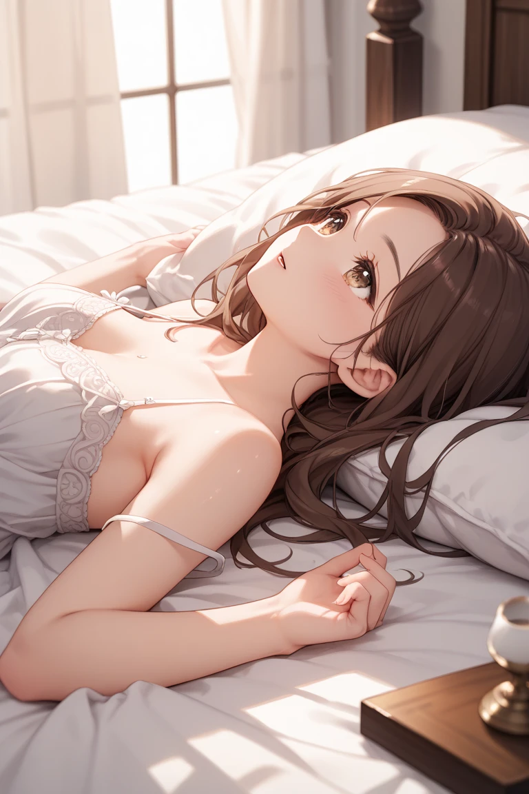 ((Best quality, masterpiece)), bed, top view, soft toys, pillows, photos, sun rays, window edge