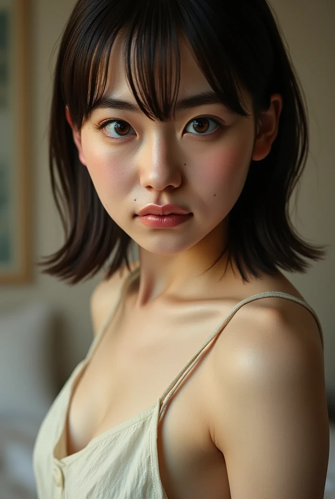 (((masterpiece))), Honami Mochizuki, 1 girl, alone, looking at the viewer, short hair, brown hair, cleavage, big breasts, closed mouth, clavicle, nude,