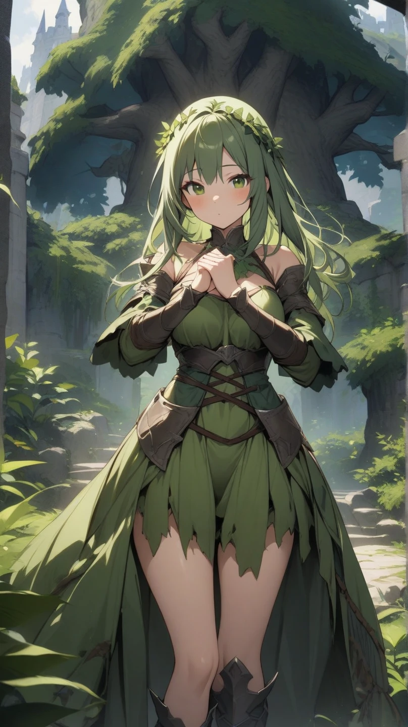 stone golem, green eyes, moss on body
