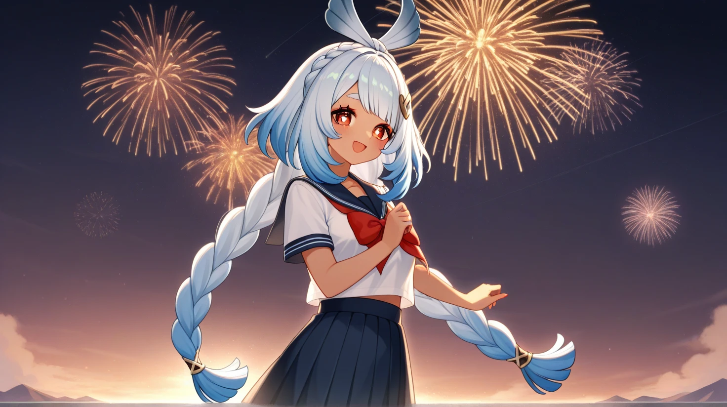 breathtaking,michiru \(blue archive\),1girl, solo, looking at viewer, smile, open mouth, hair ornament, twintails, school uniform, ahoge, detached sleeves, sleeveless, armpits, scarf, night, halo, fireworks
<lora:Michiru_image77_v1:1> . gorgeous,key visual, vibrant, studio anime,award-winning, professional, highly detailed,high budget, cinemascope