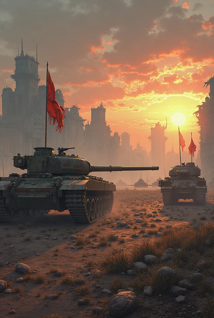 scenery with sunset and war wreckage 1920x1080