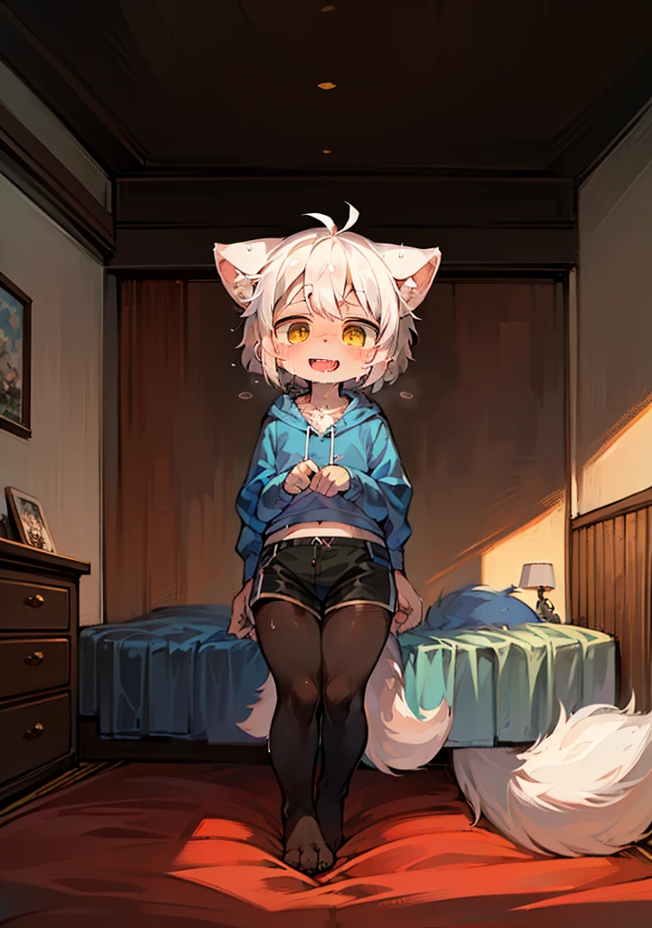 Anime girl standing in a room with blue eyes and black shirt, trend in art station pixiv, by Shi Tao, female furry mini cute style, furry, commission high resolution, (SFW) safe work, silver fox art, full body commission, fluffy, full body portrait short! , digital art on pixiv, in bed