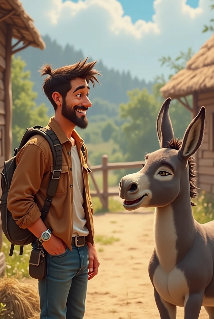 Young cute handsome beautiful 2 beardless taking perfect face next to him a donkey on a farm shirtless