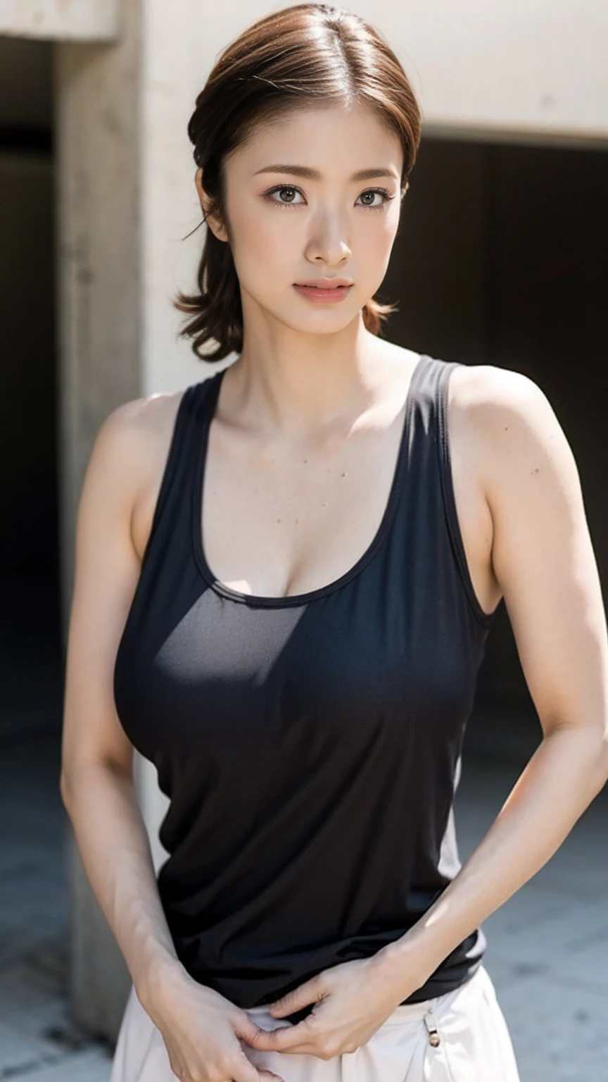 ((Japan's most beautiful mom))、((Super beautiful mature woman))、((Breasts that are too big and slightly saggy))、((Wearing a sleeveless high neck tank top))、((super soft boobs))、((Emphasize your breasts))、((A body that satisfies all sexual desires))、((Too erotic body line))、((Plain but the most erotic body))、((Tecateca's face))、((A gentle motherly face))、((A mom who wants to be pampered))、((Pin up the bangs of your short hair))、((Spotlight on a black wall background)、((Bubbly))、((giant body))