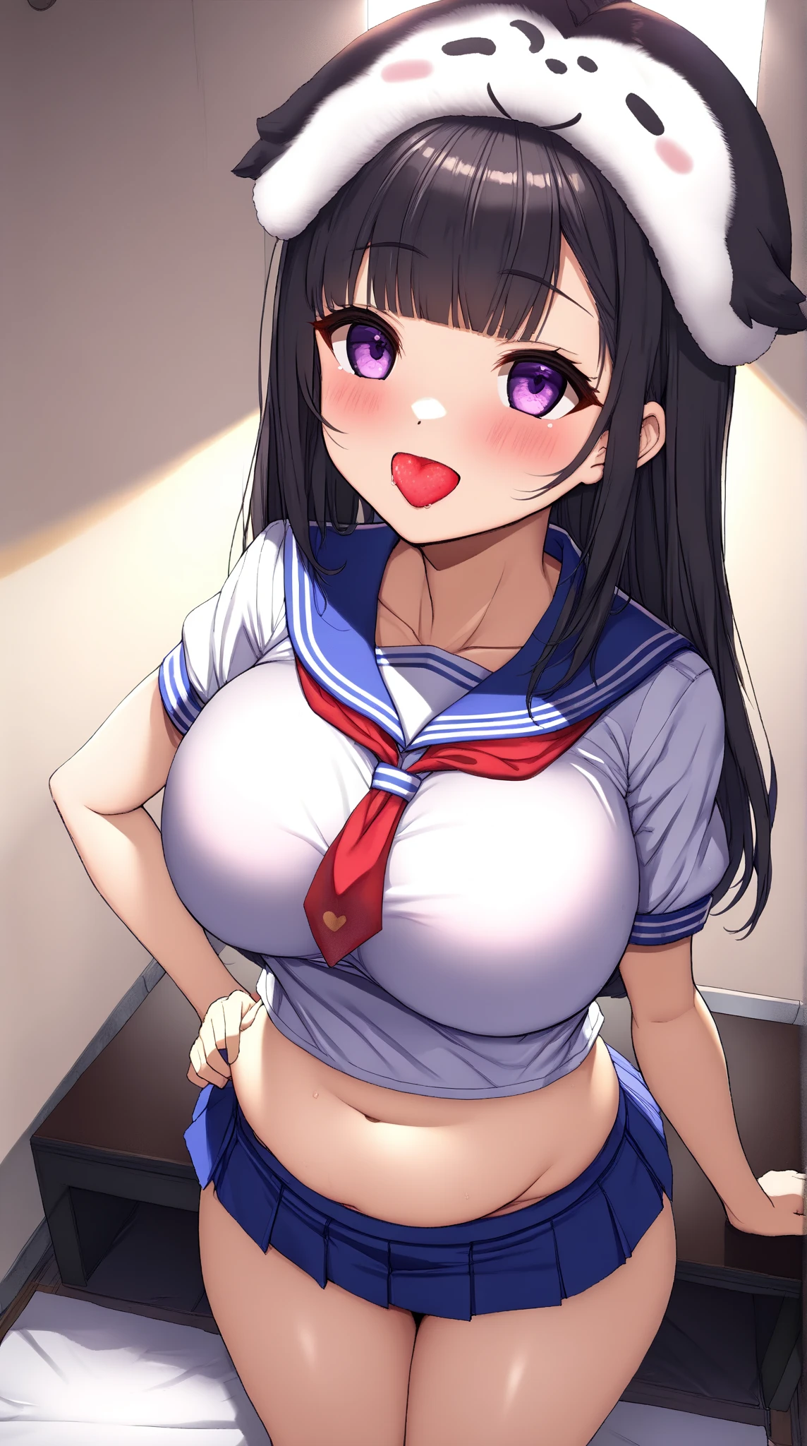 High resolution, Very detailed, perfect lighting, beautiful detailed eyes, ((masterpiece,Best Quality)), absurdities, alone, princess zelda, by the width, crown braid, Hair clip, pointy ears, Gloves without fingers, black gloves, smile, curves, nod, , deep neckline, deep neckline, blue school uniform with white details,short white skirt, visible underwear, black Thong, blue uniform, blue shirt with a pink bow, touching her breasts in a sexy way, close up, Black hair, visible breasts, Close up, visible nipples, fringe hairstyle, fringe hairstyle, touching her breasts in a sexy way, teal eyes, Close up, fringe hairstyle