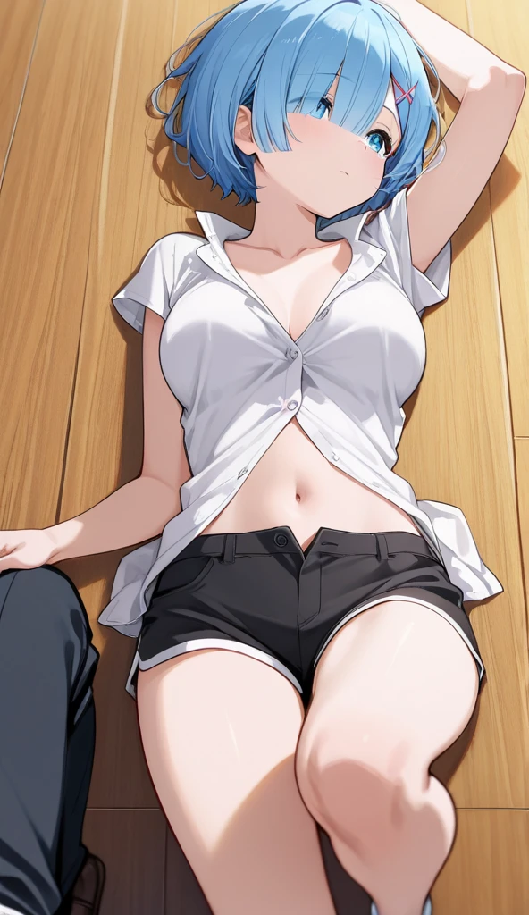 Anime style images,A man lies on the bed,Cross your legs, Short haired blue-haired woman, In my bed, (SFW) Work, Male Art, A teasing smile, High-quality fanart, Sitting on the bed, Blue skin, Sitting on the bed, Cool anime poses, Tall anime man with blue eyes