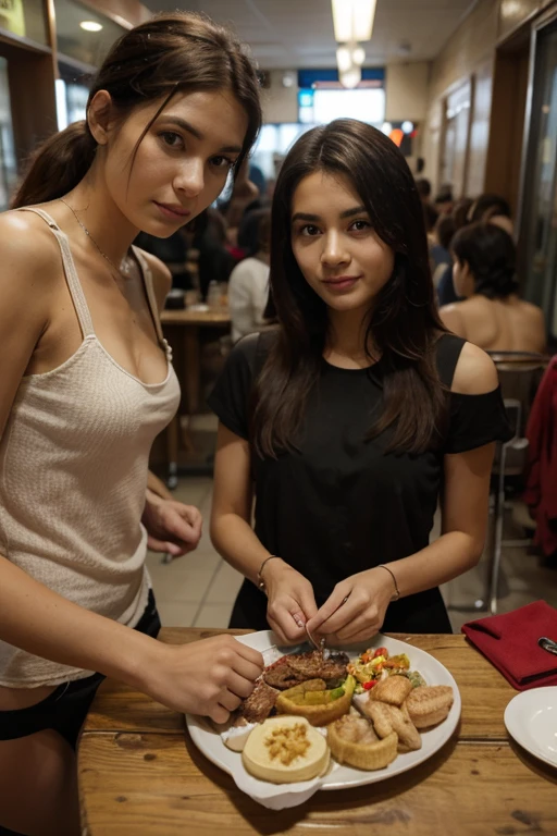 A woman in a tank top and slim jeans eating a taco at a taco shop The cola is on the table