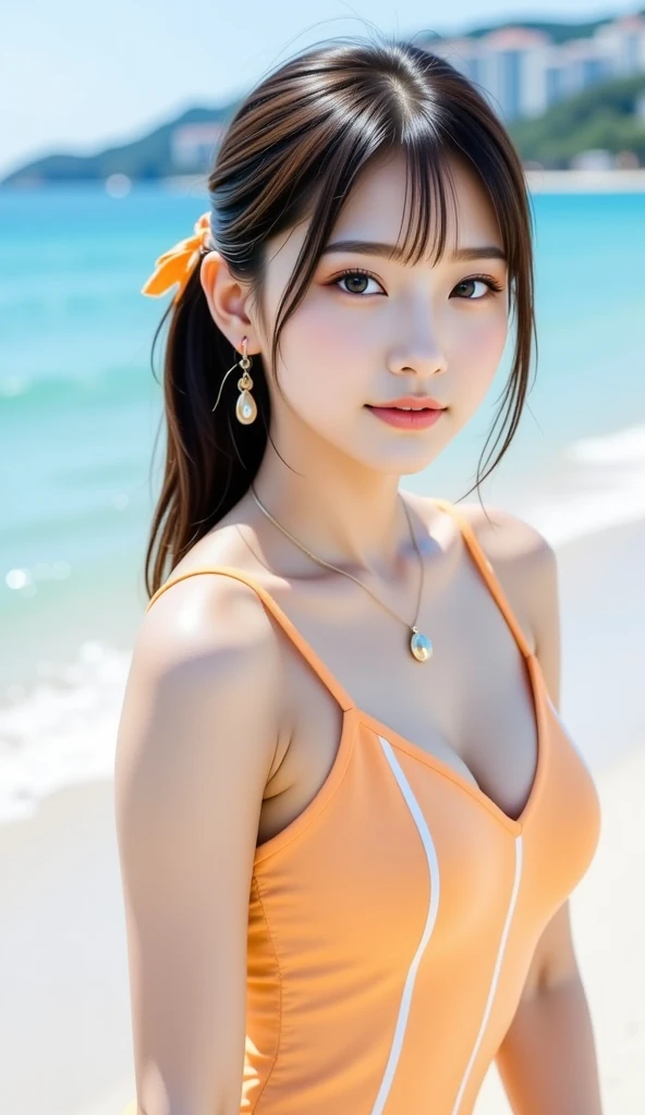 1 pretty girl，white skinned，brown  hair，looking at viewer, beautiful small chest, France, pony tail, happy smile, sports, pink stylish sexy bikini, swimming, riding, pulling, dynamic, roses, in love, joyful, singing, coconut