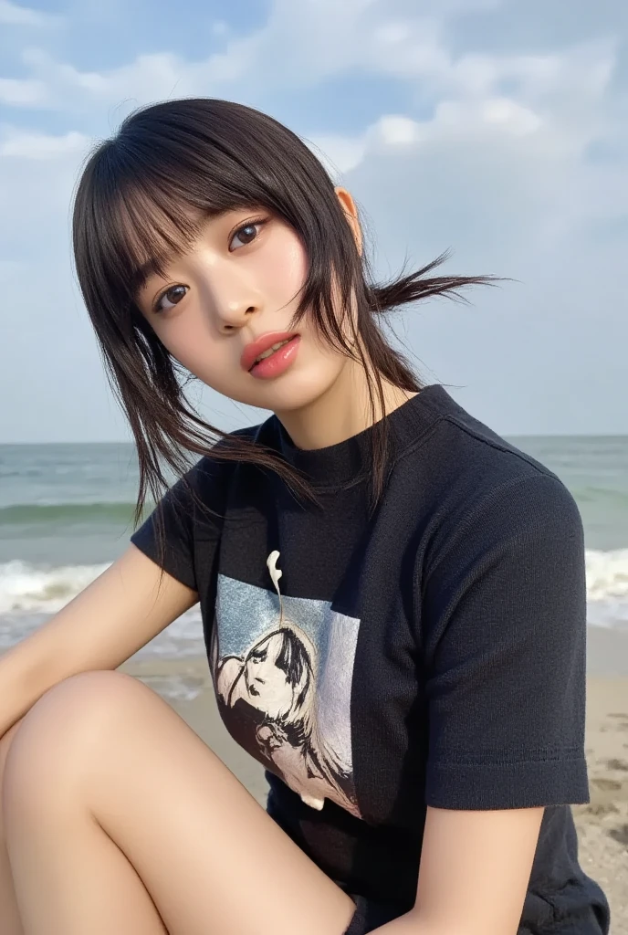 (at beach, 1 girl, small breasts, medium long hair, white T-shirts, wearing denim miniskirt and white panties, camel toe, Spread legs, squatting:1.5), fair-skinned, glossy lips, skinny, body type, delicate and sexy clavicle, highest quality, RAW photo, realistic, face, incredibly ridiculous beautiful girl, cute, Depth of bounds written, High resolution, ultra detail, detailed, Very detailed, extremely detailed eye and face, sharp pupils, sharp focus, cinematic lighting