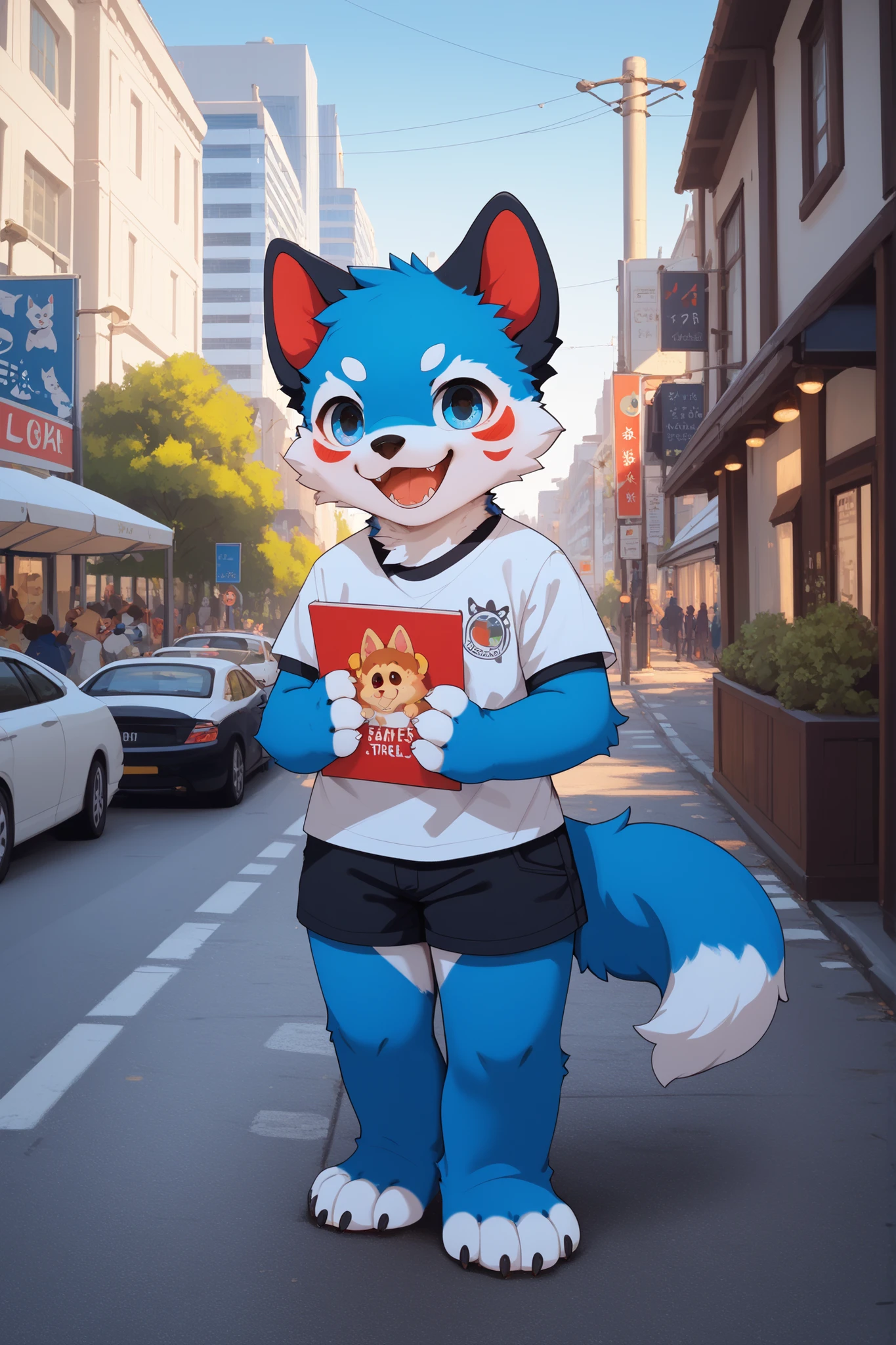 Anime style drawing of a dog, very very beautiful furry art, pov furry art, furry art, furry art!!!, High Quality Doujin Works , The highest-rated, detailed fan art, city street world background, fursona art, furry anime, by Shitao, Furry Mouth Art, SFW version full body photo, black, short sleeve, black shorts, barefoot claws, blue fur dog, orc boy with slightly red cheeks, looking happy at the audience