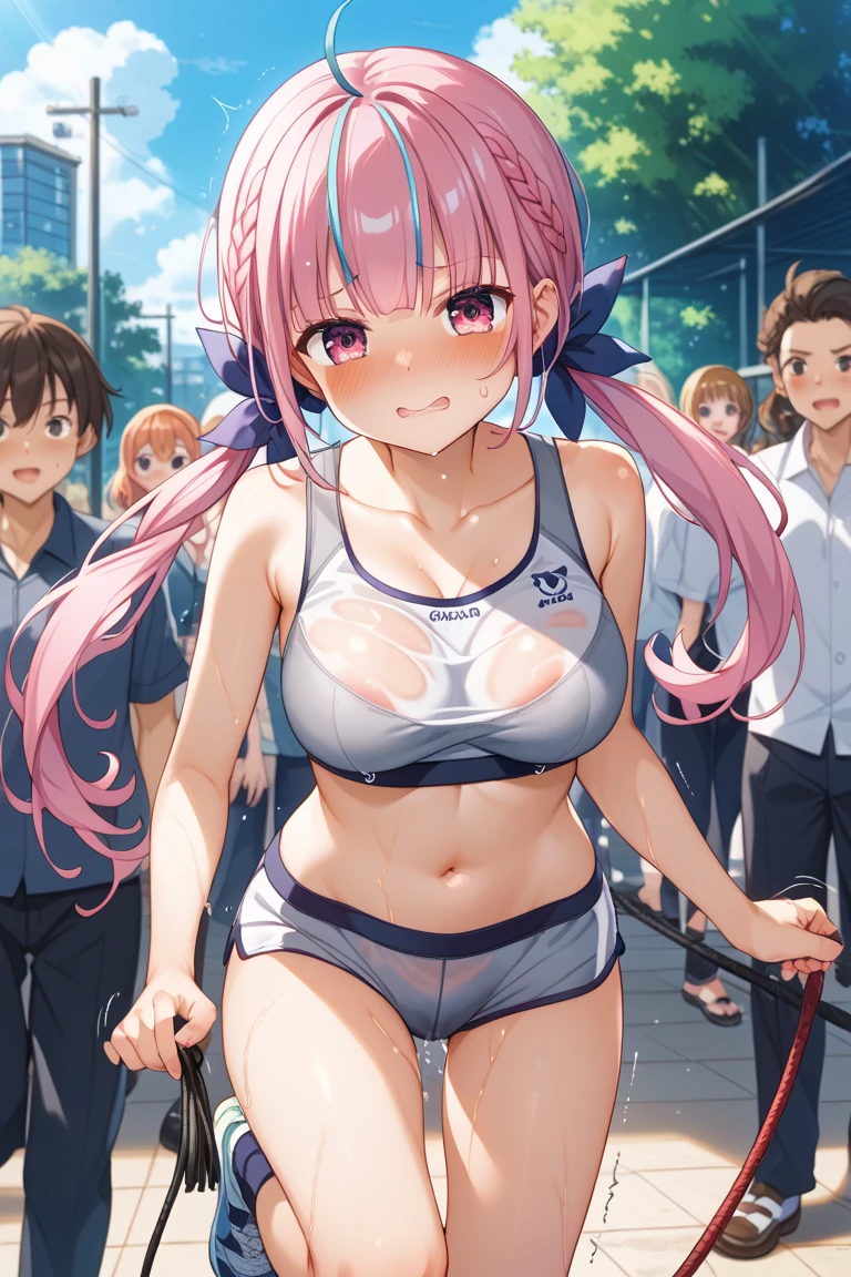 18 year old girl just wearing embarrrassing childish white strawberry printed underwear, wearing white ankle socks, not wearing shoes, sports bra, bloomers panties, standing in the middle of a crowd, public park, euf crying, heavy breathing, clear face, (embarrassed, panicking, upturned eyes, full-face blush, open mouth, parted lips:1.3