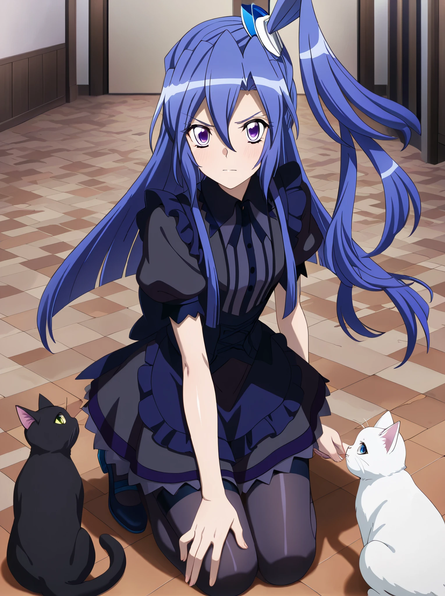 masterpiece, best quality, amazing quality, very aesthetic, absurdres, newest,shiny skin, anime screenshot, anime coloring senki zesshou symphogear, Kazanari Tsubasa, blue_hair purple eyes, one side up, Gothic maid、Cat ears、Cat_tail、 looking at viewer、Full Body、