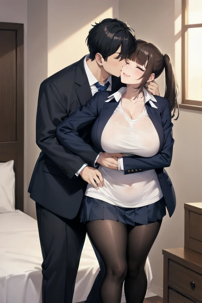 OL Gal,(1man with 1woman,Man and woman hugging each other)、Women are positive dicks, ((I'm having sex, however、I can't see the joints)) Cowgirl, , breast apart, Full body, Brown hair, beautiful japanese female、21years old、s lips, Brown eyes, Open mouth, Tongue out, Necklace, Smile, (Wet hair), (Sweat), makeup, earrings, Lying, Best Quality, masutepiece, ultra-detailliert,, Night, bed sheet,Lower body pantyhose、M-shaped legs、Vibes