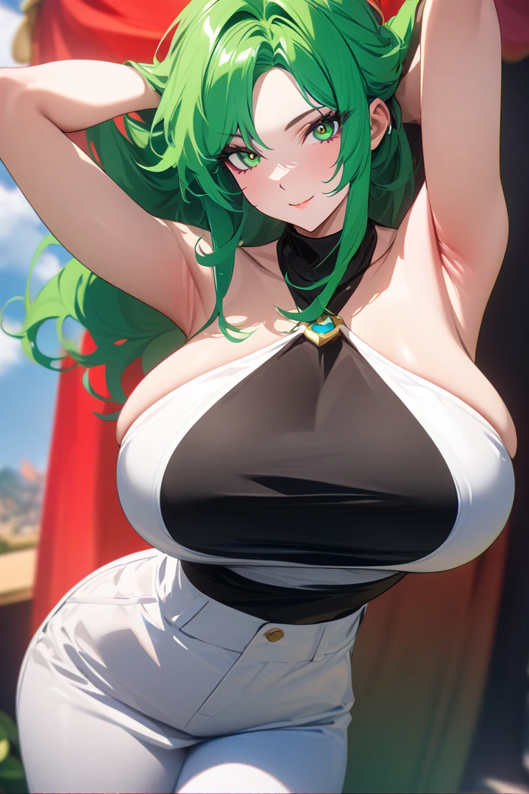 ((best quality, masterpiece, absurdres, super-resolution)) ((front view)), photo of beautiful jpn-gyaru, solo, ((nelliel tu odelschwanck)), bleach universe, hair, skull mask on top of head, perfect eyes, standing in hueco mundo, from far, (lime green hair), (underboob), glossy, arrancar, ripped clothing, beautiful anime eyes with luster reflection, standing in a wrestling ring , beautiful, (gigantic breasts), slendered abs, hip dips, dark void on background, official artwork, masterpiece