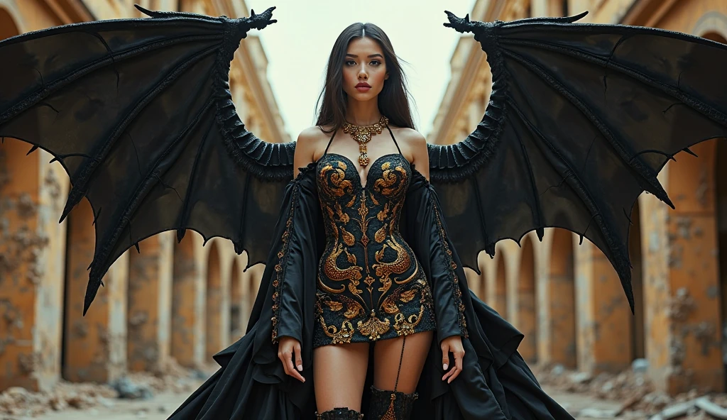 vampire girl. beautiful vampire girl. dress. high heels. gold shine. wings. stand on the cloud