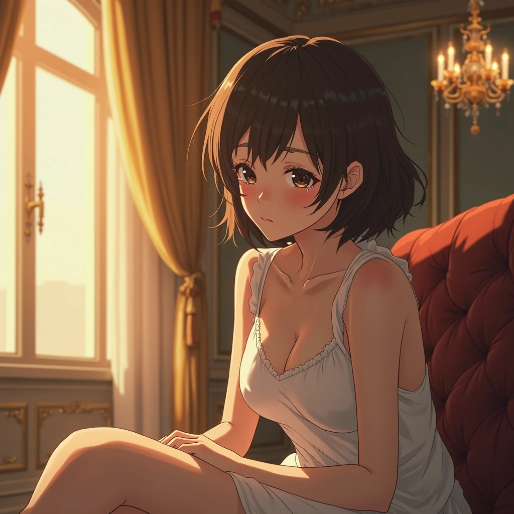 A drunk beautiful woman, looking down, with short hair, glossy red lips, moist blue topaz eyes, sitting on a sofa in a crumpled bathrobe. The charming character captivates with her ethereal beauty. At night, her expressive eyes shine with joy. Digital painting brings this wonderful character to life, anime style, 8k resolution, with a drink and a living room background.
