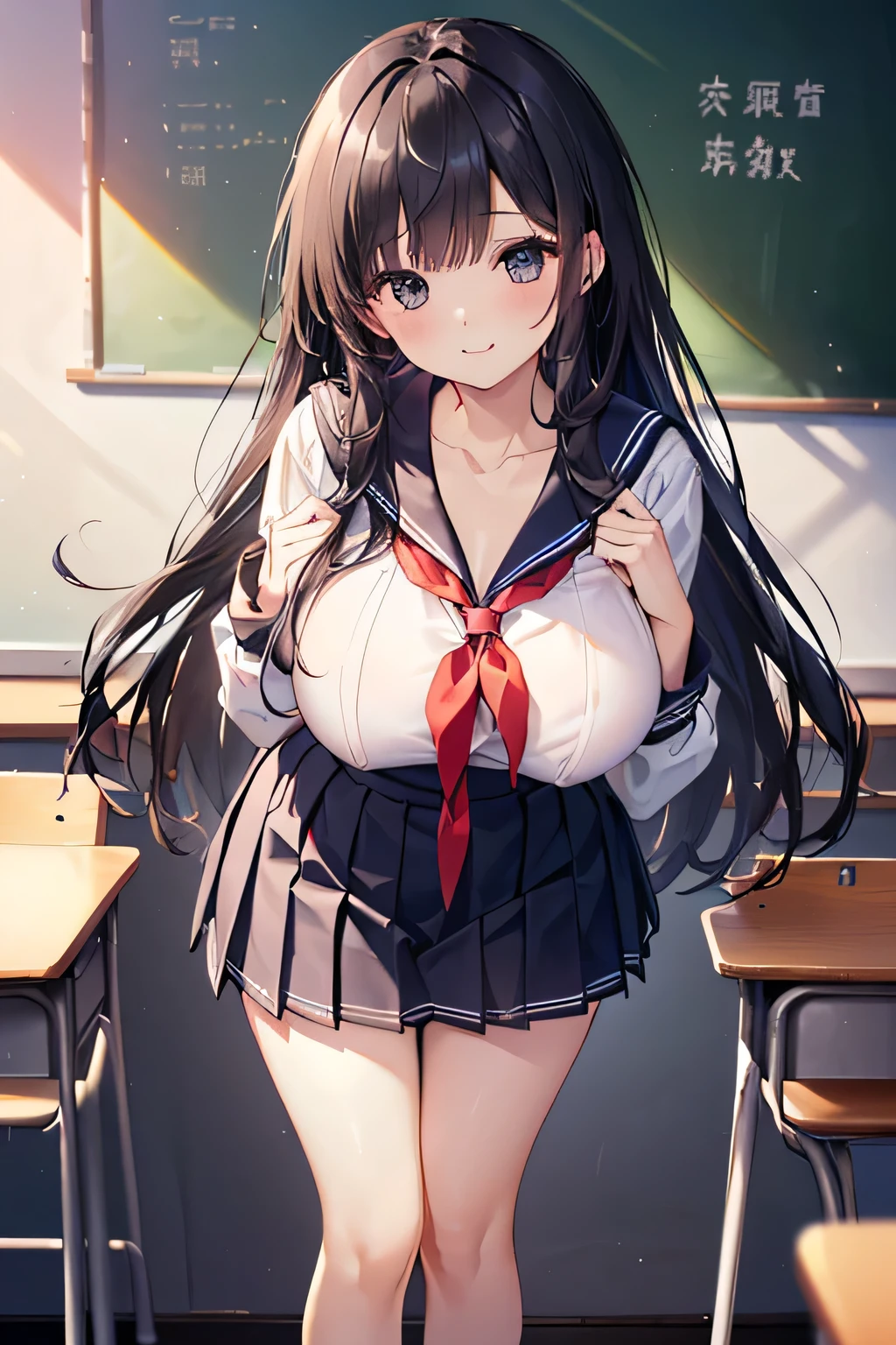 photo-realistic, masterpiece, ultra-detailed, best quality, extremely detailed, 4k, 8k, ultra-high res, 1girl, 17yo, beautiful girl, perfect face, detailed face, face focus, clear-cut beauty, perfect eyes, cute eyes, deep detailed eyes, (shiny light blue beautiful eyes with reflections), inviting smile, (narrowed eyes:1.3), open mouth, ((cute lips)), (blush:1.2), shiny-black hair, long straight floating-hair, serahuku, school sailor uniform, (pleated mini skirt), (huge breast), Break, (open sailor shirt), shoot from below, looking at viewer, skirt-lift both hands, up-skirt, skirt flipped, standing, beautiful legs, school stairs,