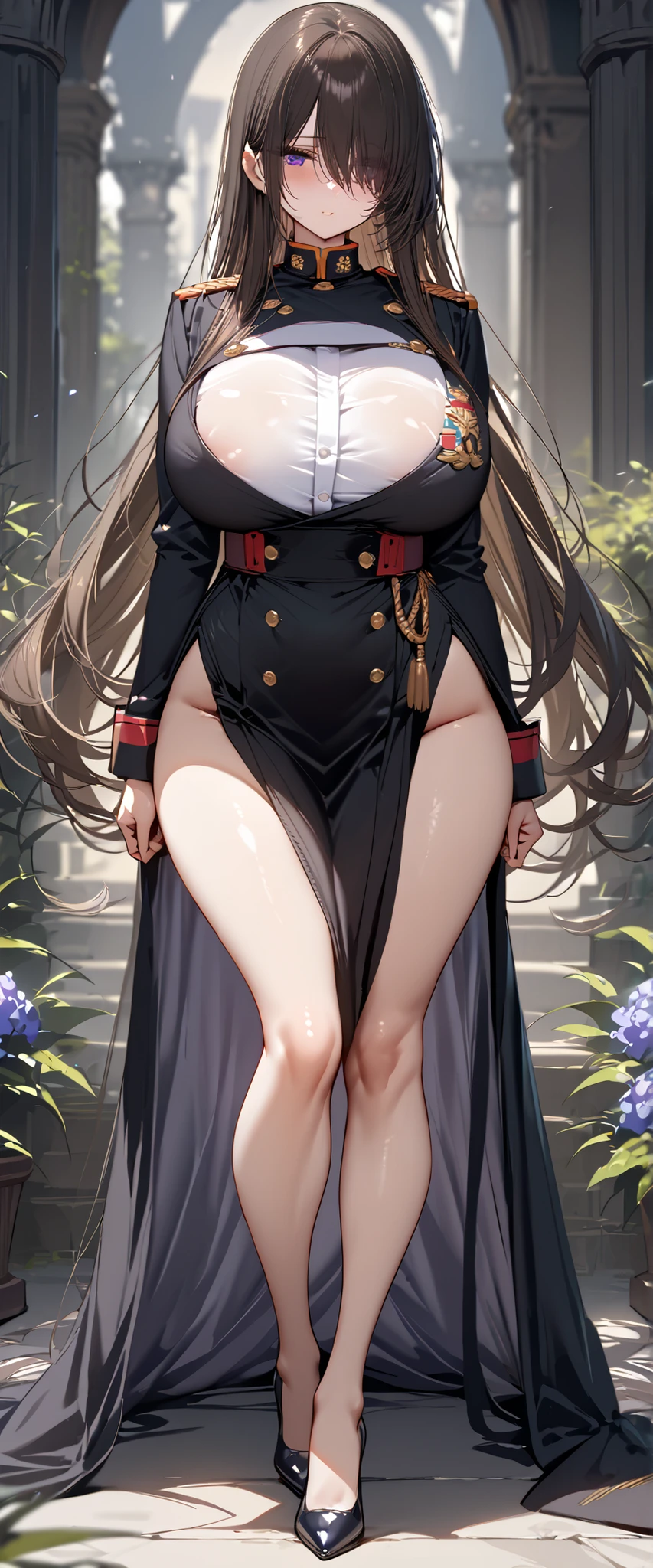 1female，extremely large bosom，girl soldier，White sailor suit，The kinky is exposed，Raised sexy，，Flushed complexion，standing on your feet，nakeness，chest baring，Exposed genitals，with no underpants，Protruding genitals，Camel toes，8K,legs are open，Long flowing black hair，The hair was long，