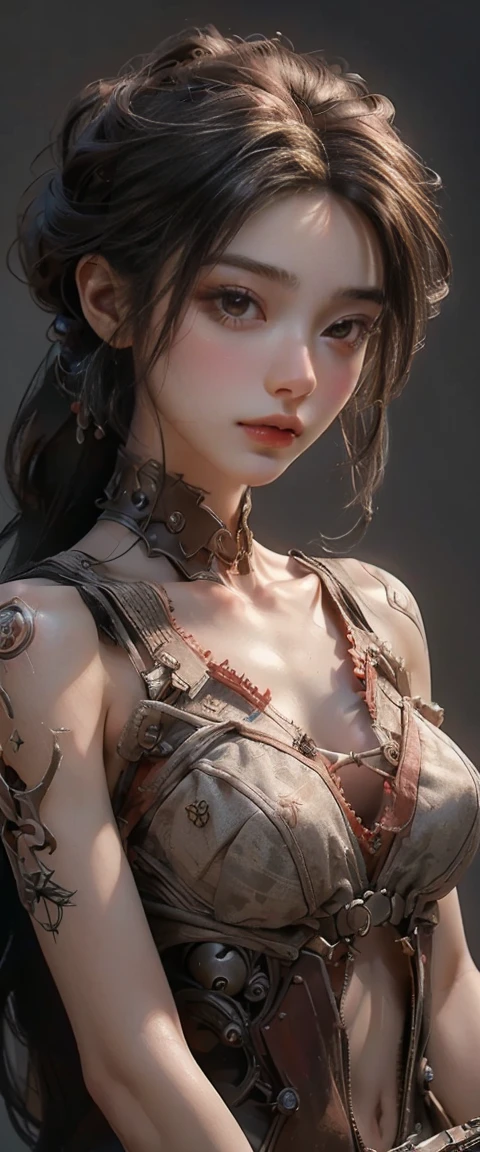 ((Masterpiece, of the highest quality, Maximum image quality, high resolution, photorealistic, photo and gross, 8k, ultra fine details)), Karol Sevilla ..mechanical puppet, Its body is made of gears and a wooden frame.. visible breasts, vagina visible..White background, A blank laboratory, well detailed