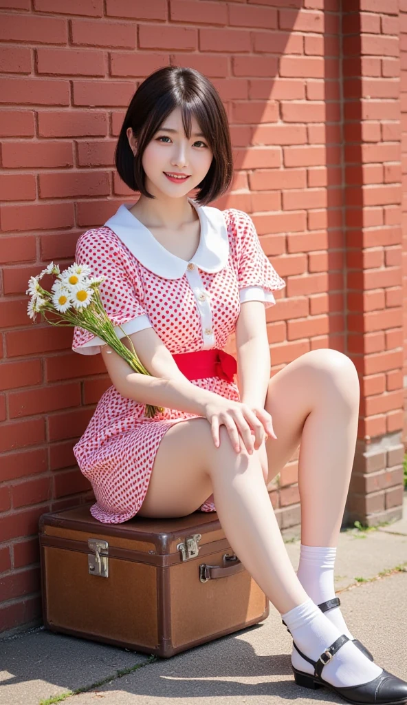 White stockings, masterpiece, best quality, White dress, Brown hair, <lora:megumi-katou-cosplay:0.7>, megumi-katou-cosplay, Red jacket, Frills, (Layered:1.0), Beautiful night, stars on sky, (land), (flowers:1.2), (night theme:1.2), (Official_wallpaper:1.3), (Falling star:1.2), (Nebula in sky:1.3)