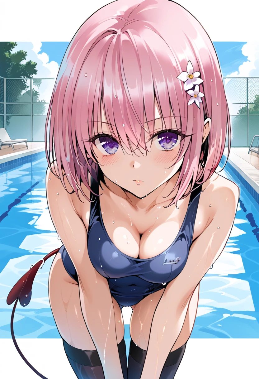 (nudity, explicit) 1girl, facing viewer, spread legs, sitting,
pink hair, yellow eyes, long hair,
wet, juice, steam from vagina
open mouth, hand on own chest, choker, topless, side-tie bikini bottom,
looking at viewer
solo, full body shot, large breasts, looking at viewer,
BREAK
outdoors, pool, yard, house, blue sky, sun, fence,
flat shading, traditional media, texture