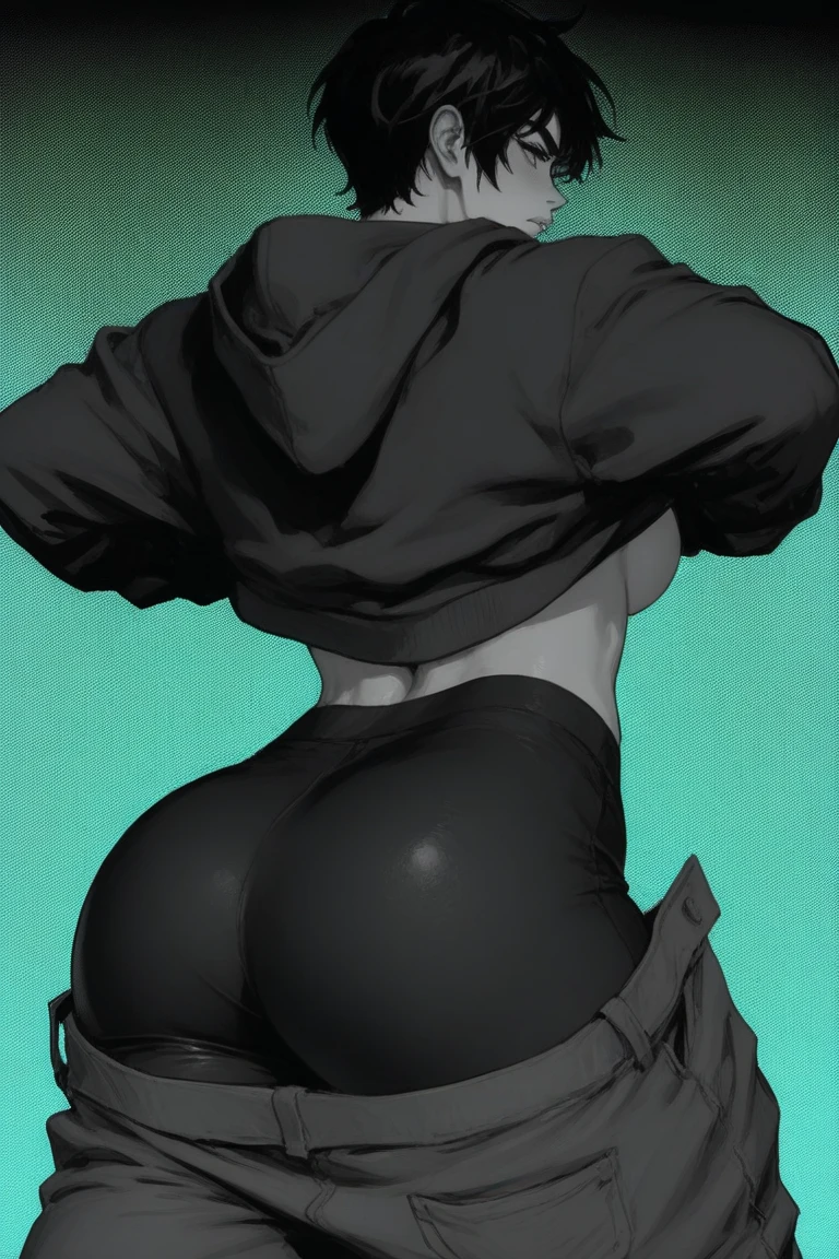 girl ((1girl)) pale skin (muscular) ((huge ass)) toned body thick thighs black hair yellow eyes long hair (grey background) bodybuilder (from behind) (black leggings tight long sleeve black t-shirt)