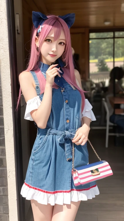 A fairytale idol girl、、striped candy overalls shorts、、、good style、whole body、、shiny belt、、light blue and pink hair、