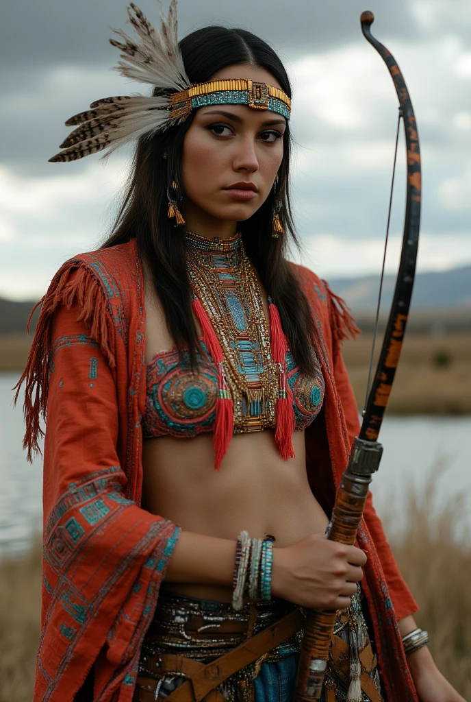 Professional editoria photograph, a native American squaw on the reservation wearing traditional costume with bow and arrow, ultra detailed, by the lake, dramatic cinematic scene